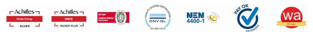 Achilles, Bureau Veritas, DNV GL, NEN 4400-1, PayOK and Workforce Association accreditations