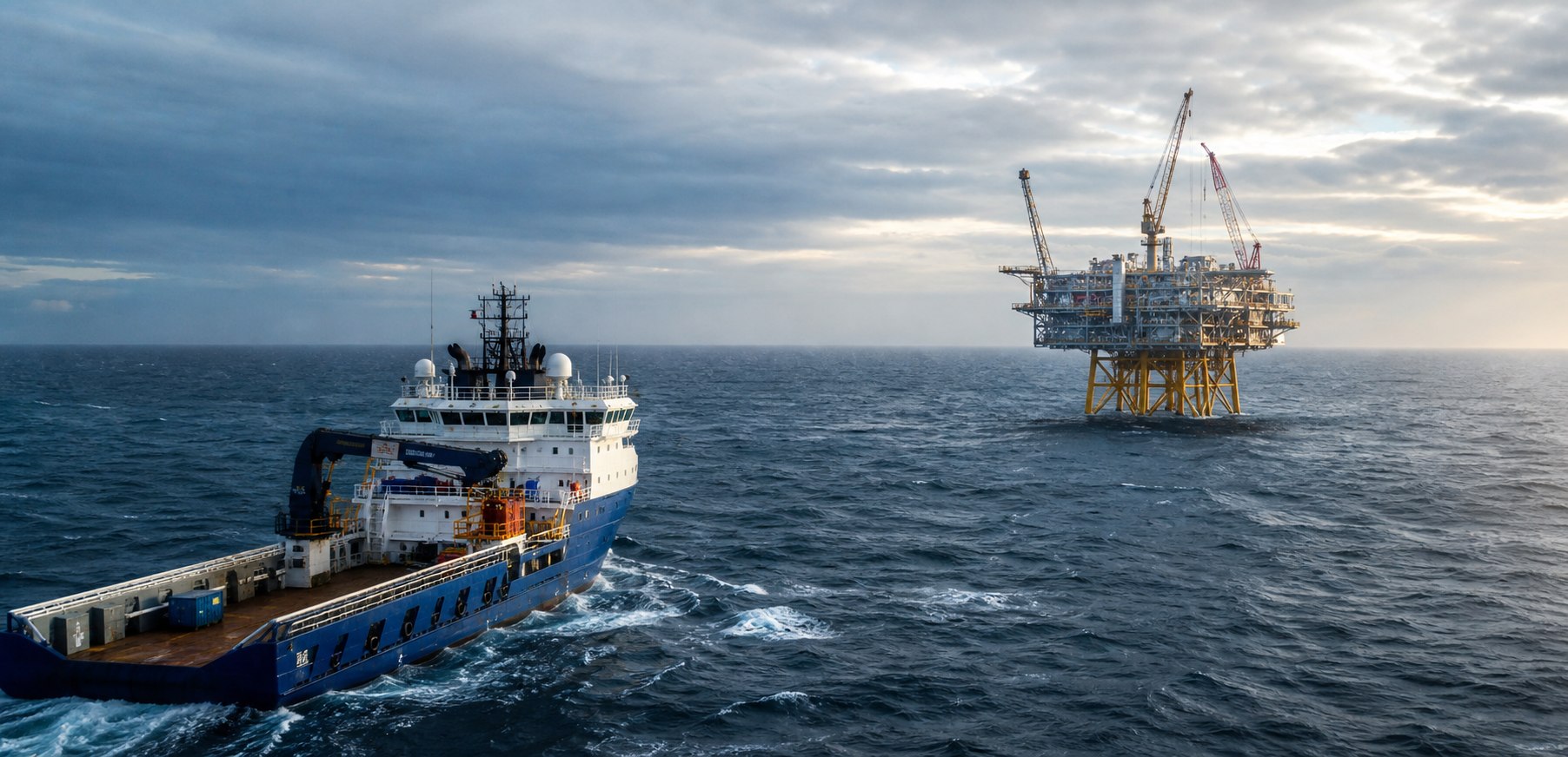 Offshore supply vessel approaching a North Sea platform